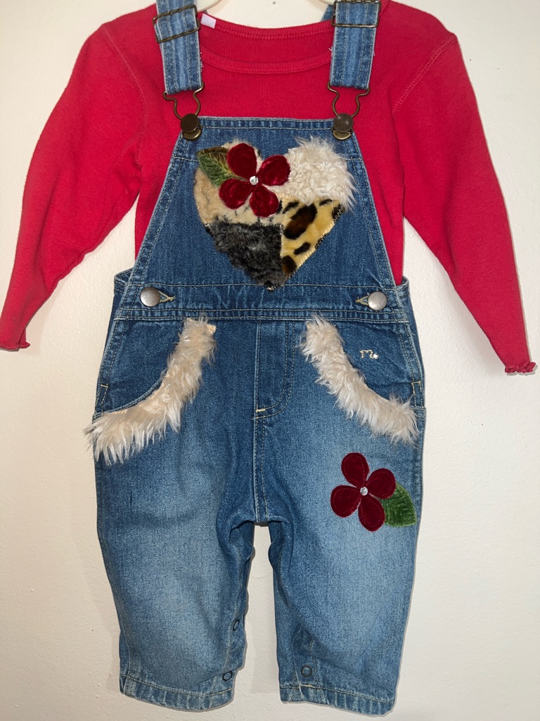 Vintage Kids Denim Overalls With Red Floral Appliqus Old Store Stock